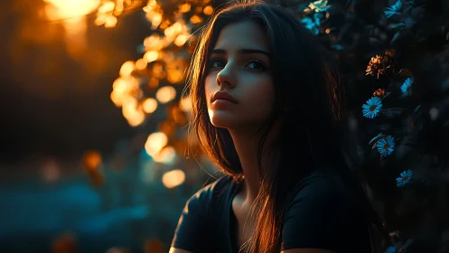 Pensive young woman in dusk garden with warm bokeh glow.
