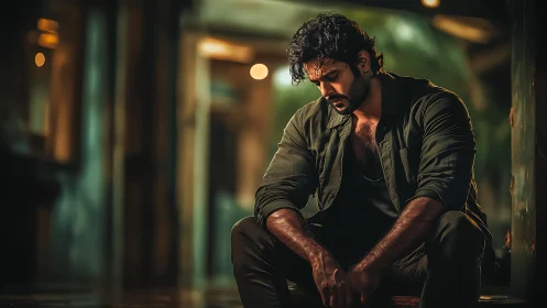 Moody low-key portrait isolates a seated man in introspection