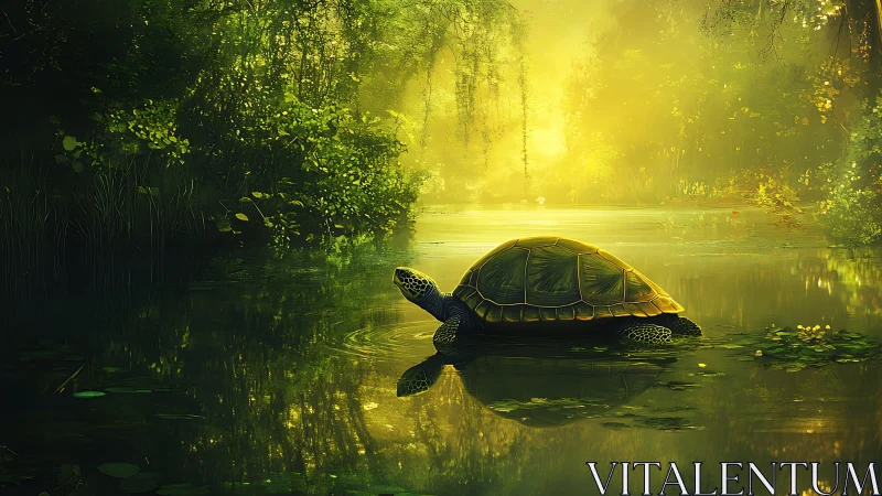 Sunlit forest pond with contemplative turtle in stillness.
