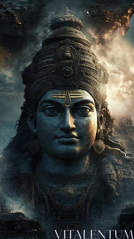 Colossal stone deity head emerging from misty ruins.