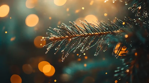 Macro evergreen needle bokeh under warm specular lighting.