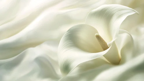 White calla lily rests over flowing satin folds softly.
