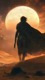 Lone desert wanderer strides beneath colossal full moon.