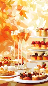 Golden autumn dessert table glowing with sweet delights.