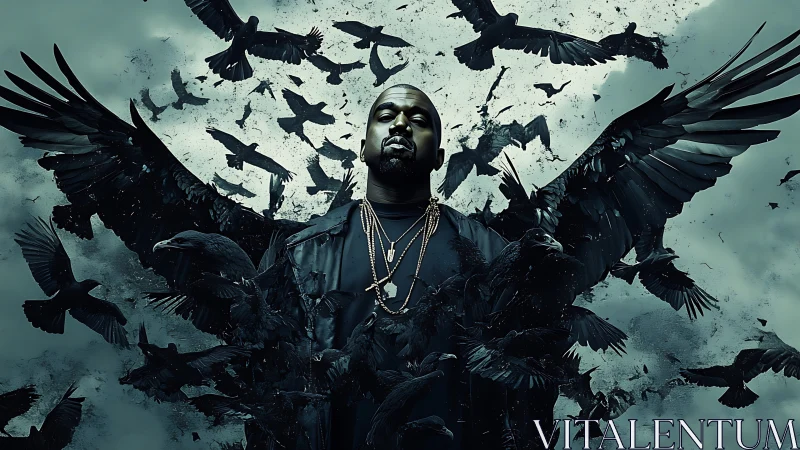 Dark-winged figure stands amid swirling storm of crows.