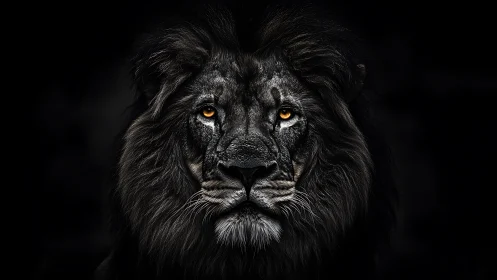 Monochrome lion portrait isolates amber eyes in deep chiaroscuro