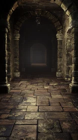Dim stone corridor with arched supports in deep shadow.