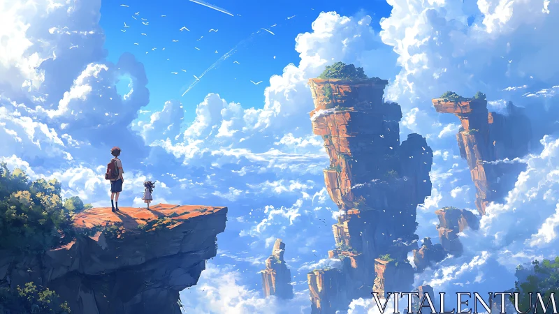 Children gaze toward floating sky islands in bright clouds.