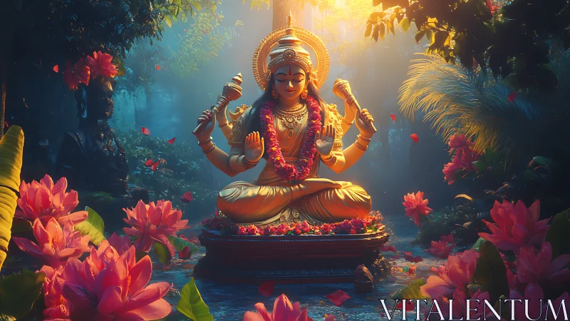 Golden river goddess blooms through mist and lotus whispers