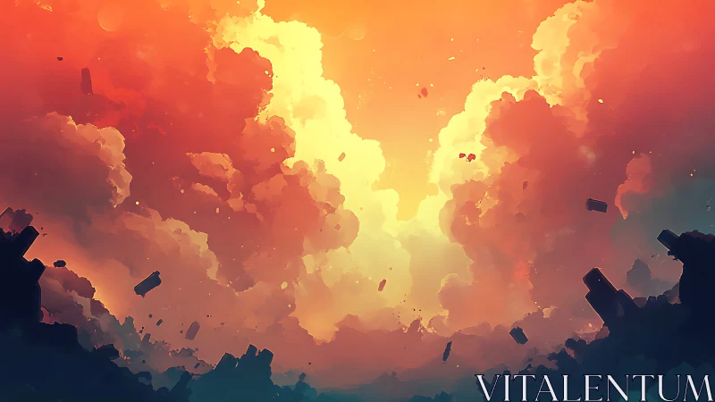 Radiant celestial cloudscape over fragmented silhouettes.