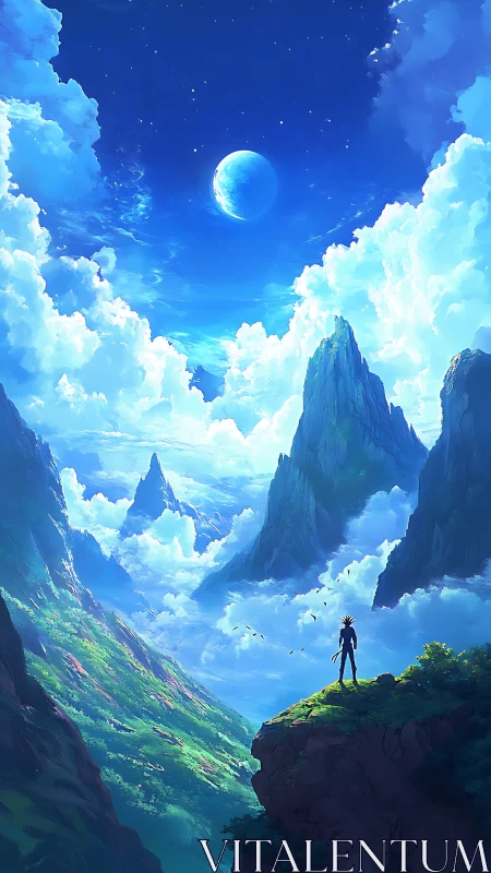 Lone adventurer surveys vast celestial mountain valley.