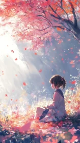 Backlit schoolgirl under diffuse sunbeams and saturated autumn canopy