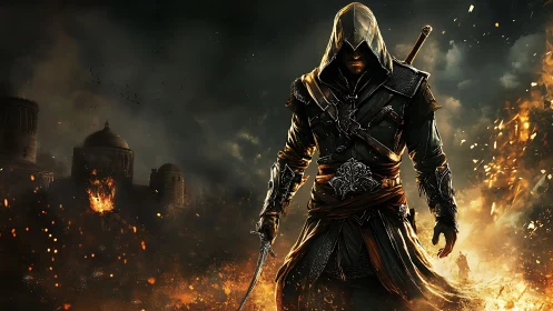 Hooded combat operative advancing through incendiary urban ruins.