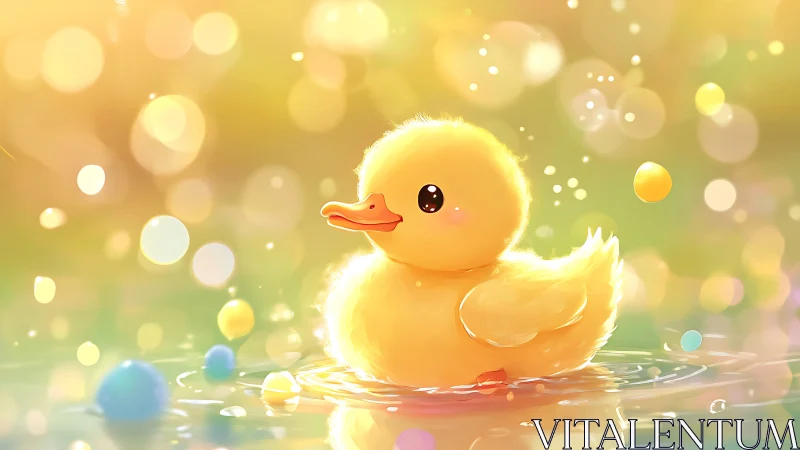 Yellow duckling floats in bright stylized bokeh water scene