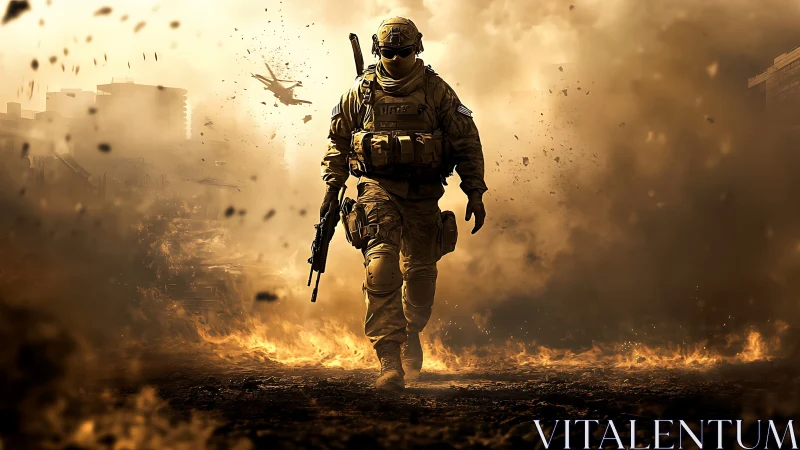 Armored infantry operator advances through high-intensity urban firestorm