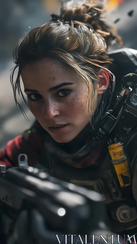 Battle-hardened female soldier locks target in tense standoff.