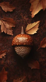 Cozy autumn acorn still life on warm russet forest floor.