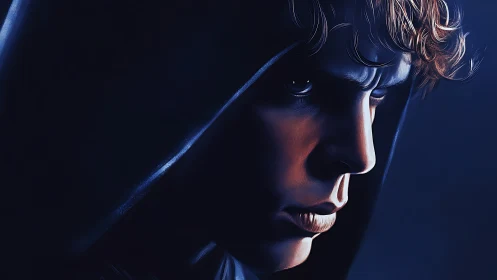 Brooding hooded youth carved from midnight and embers.