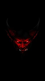 Demonic red horned face glows from deep black void