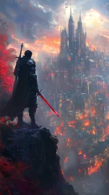 Armored swordsman surveys burning vertical city under stormy sky
