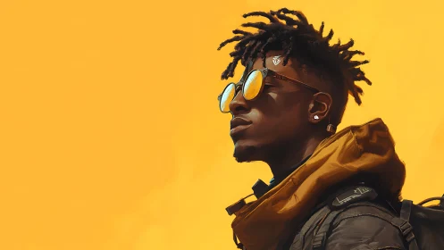 Stylized portrait profiles reflective glasses against flat chroma yellow