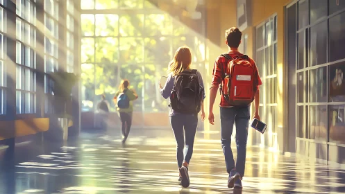 Two students walk down a sunlit corridor in soft focus