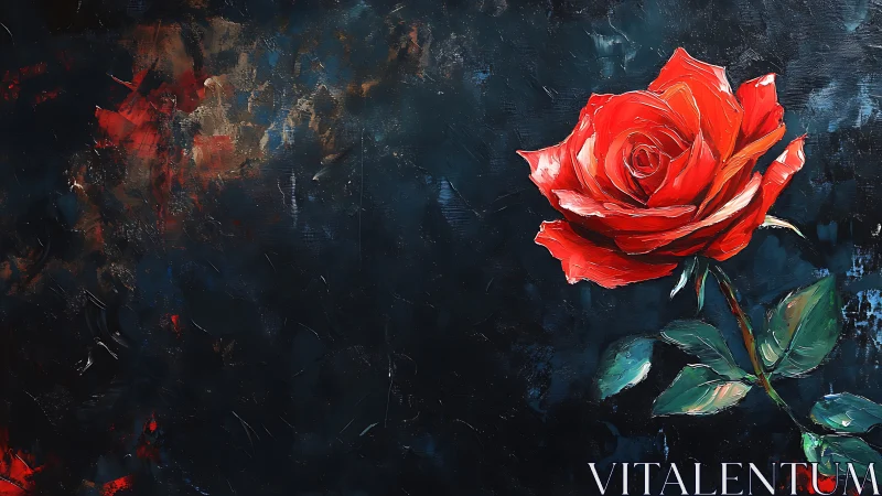 Scarlet rose glows against richly textured dark backdrop.