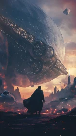 Digital painting of colossal starship above ruined lava city.