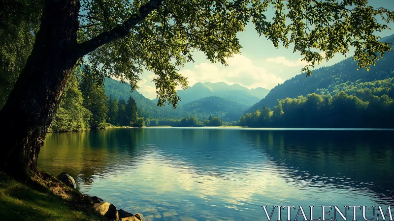Gentle mountain lake rests beneath soft morning light