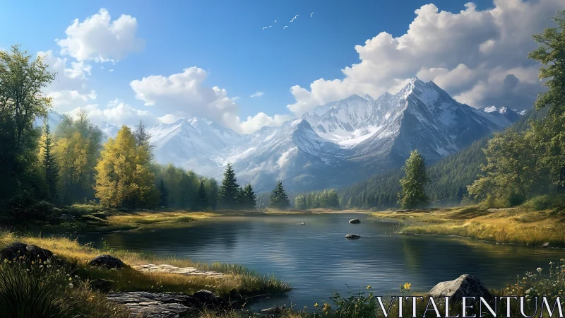 Snow-capped mountains rise above a tranquil forest lake.