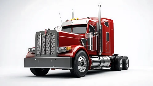 Red American semi truck showcases chrome power and precision.