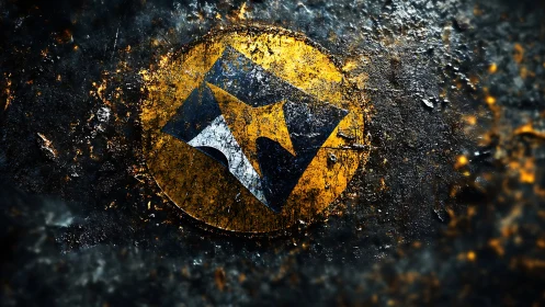 Distressed metallic emblem reveals angular symbol in ember light