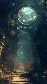 Ancient forest corridor under luminous orbital gateway.