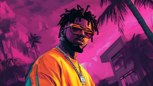 Neon graded urban portrait under magenta tropical skyline