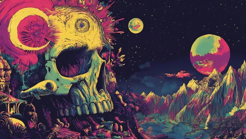 Skull structure in surreal alien landscape under dual moons.