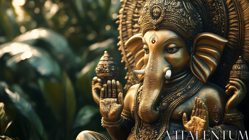 Golden Ganesh sculpture amid lush bokeh jungle light.