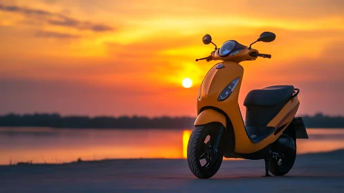Yellow scooter parked by lake shore at sunset time.