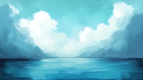 Serene turquoise seascape meets towering sunlit clouds