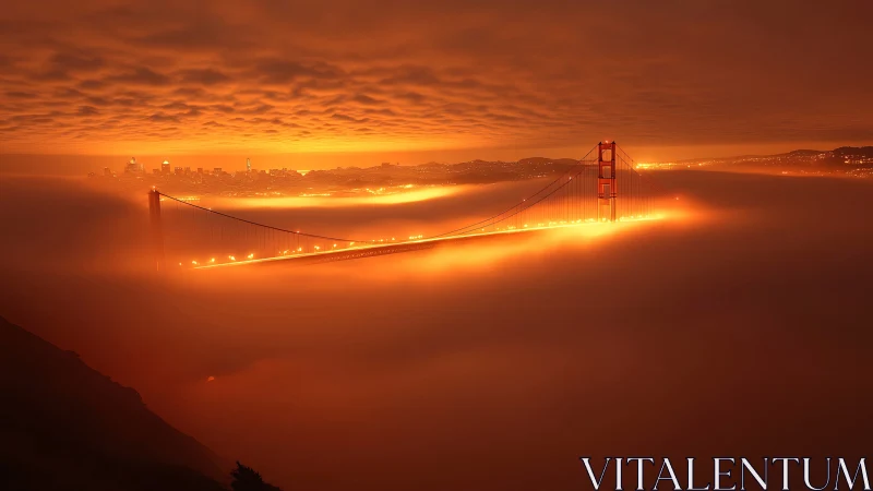 Golden Gate Bridge and city skyline in dense illuminated fog.