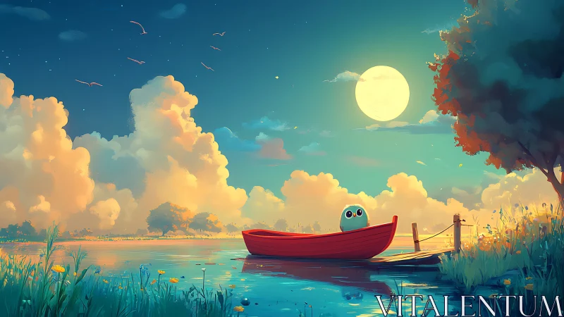 Small character in red rowboat under large full moon.