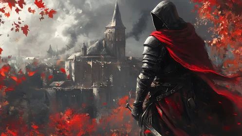 Armored hooded warrior overlooking medieval citadel.