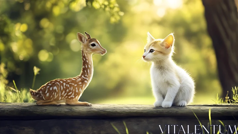 Young fawn and kitten on wooden log in soft forest light.