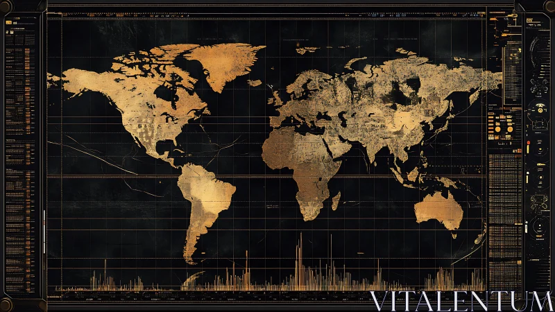 World map interface with data overlays on dark grid panel.