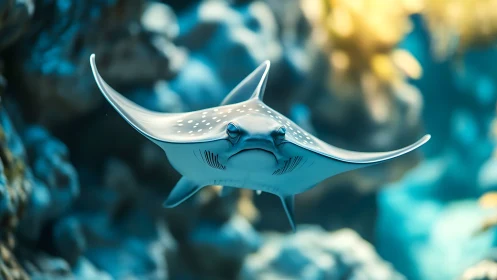 Spotted manta ray glides through glowing coral reef seascape.