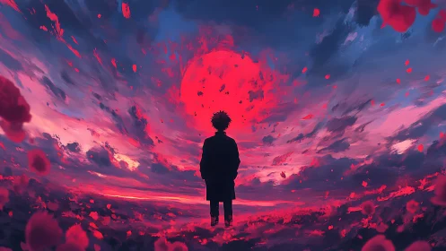 Silhouette under a red storm sky at dramatic sunset.