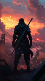 Armored rogue surveying incendiary postwar megacity horizon.