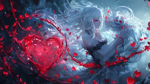 Ethereal Figure with Luminous Heart Surrounded by Floating Red Petals