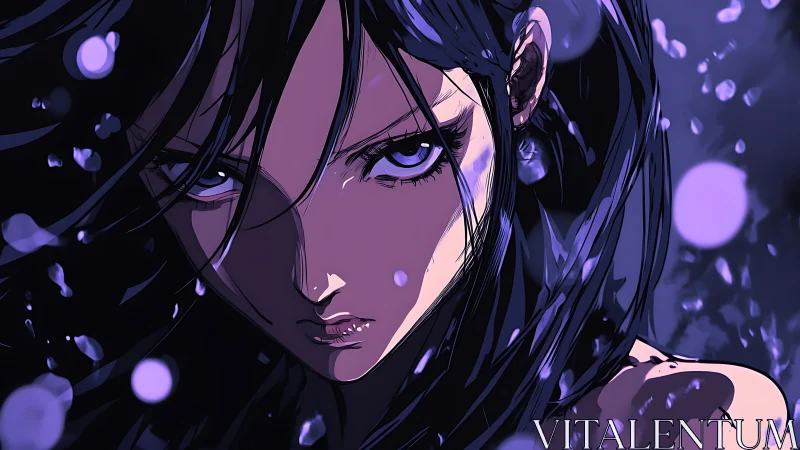 High-contrast anime portrait in violet atmospheric lighting.