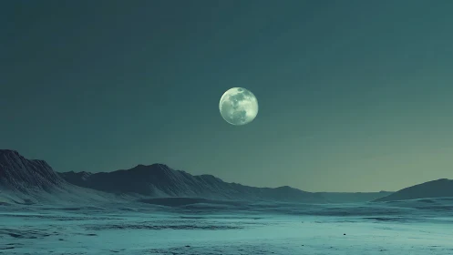 Lunar halo over glacial mountain plain under cyan nocturnal sky