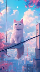 Vertical anime composition of fluffy white cat over cityscape.